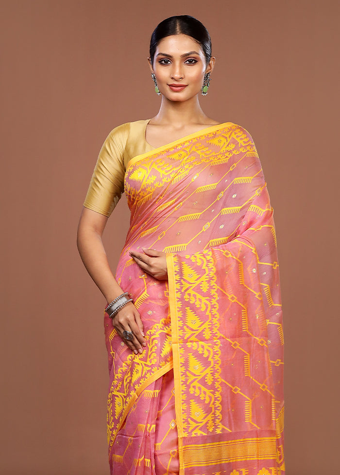 Pink Jamdani Cotton Saree Without Blouse Piece