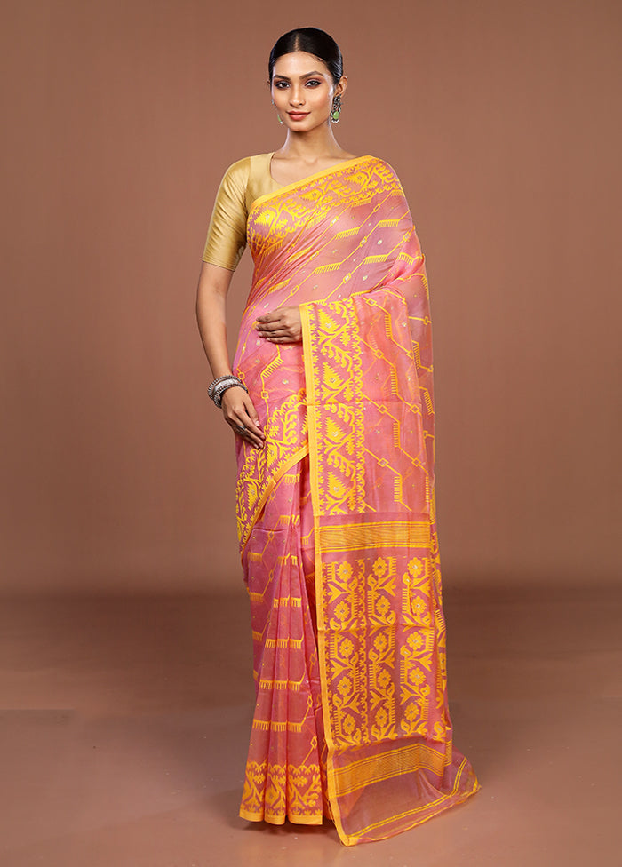 Pink Jamdani Cotton Saree Without Blouse Piece