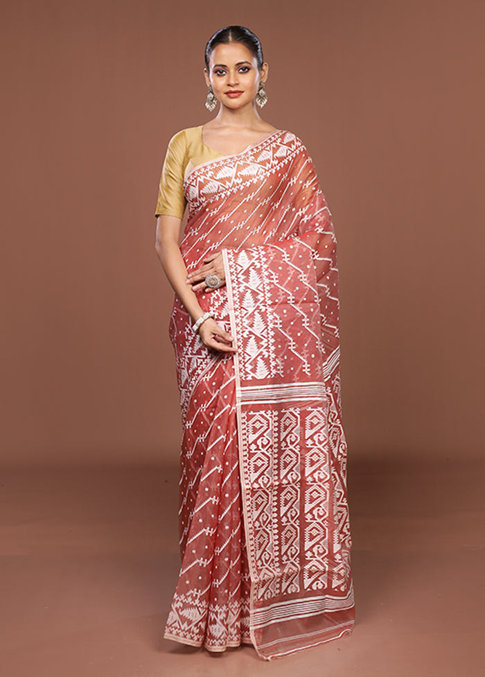 Maroon Jamdani Cotton Saree Without Blouse Piece