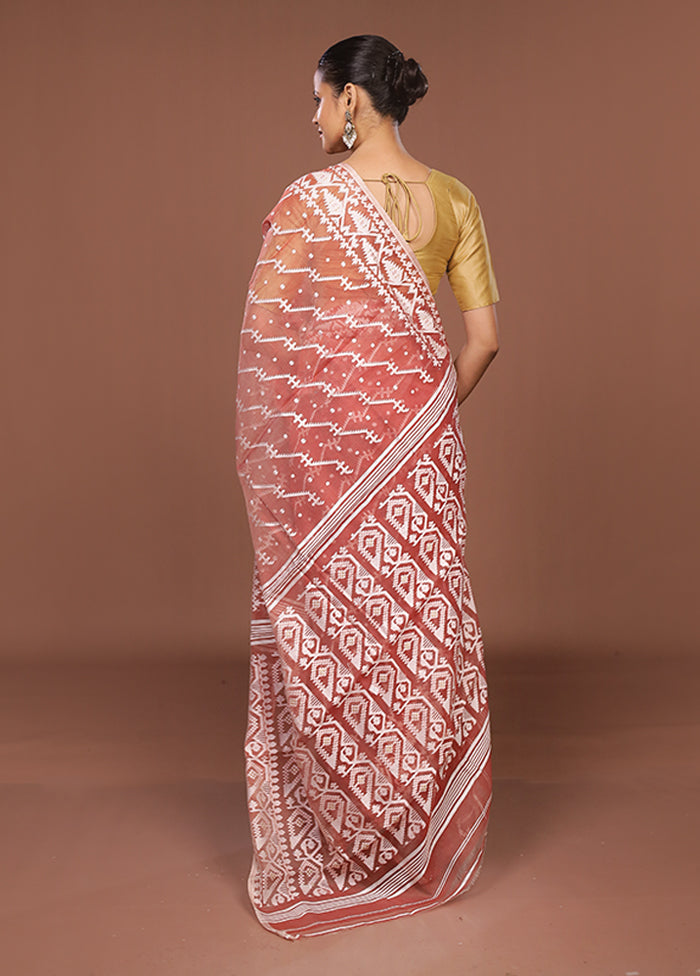 Maroon Jamdani Cotton Saree Without Blouse Piece