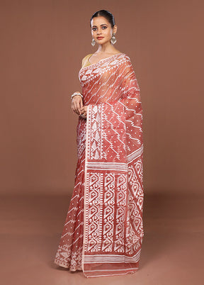 Maroon Jamdani Cotton Saree Without Blouse Piece
