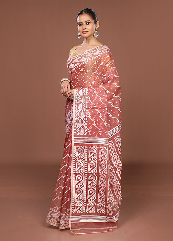 Maroon Jamdani Cotton Saree Without Blouse Piece