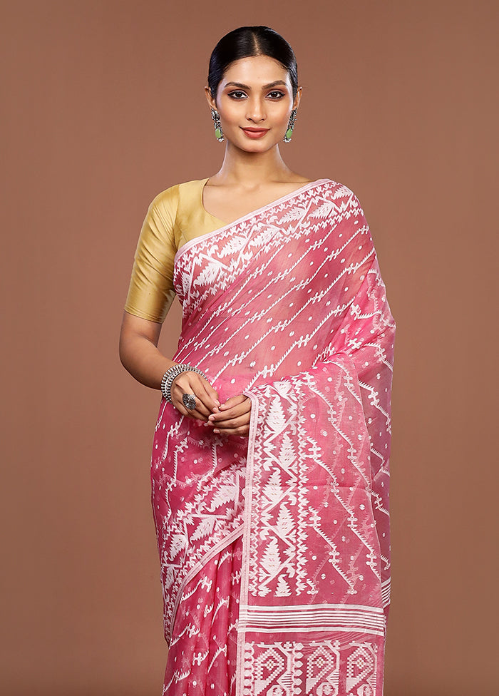 Pink Jamdani Cotton Saree Without Blouse Piece