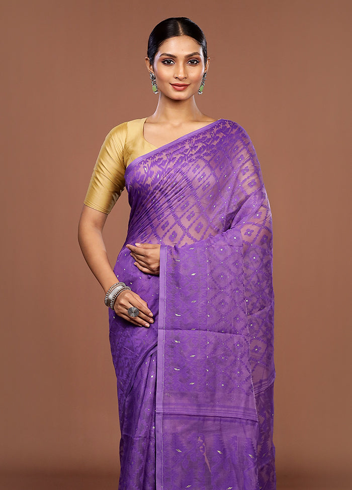 Purple Jamdani Cotton Saree Without Blouse Piece