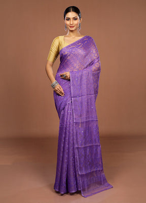 Purple Jamdani Cotton Saree Without Blouse Piece