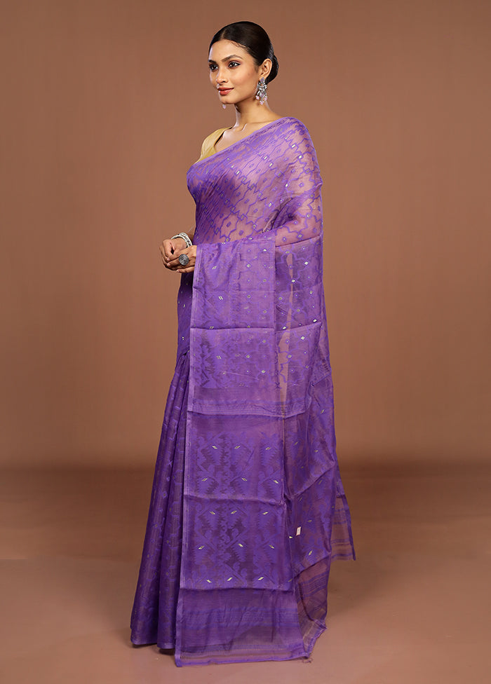 Purple Jamdani Cotton Saree Without Blouse Piece