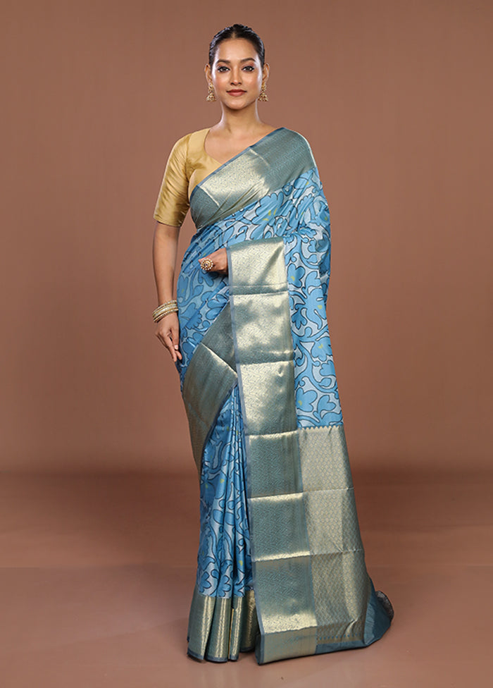 Blue Kanjivaram Silk Saree With Blouse Piece
