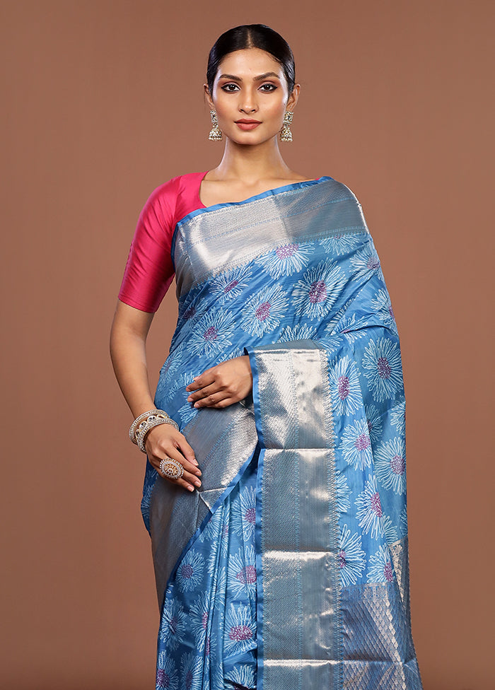 Blue Kanjivaram Silk Saree With Blouse Piece