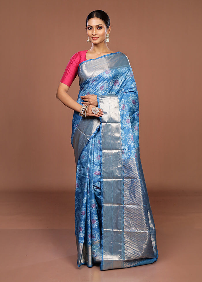 Blue Kanjivaram Silk Saree With Blouse Piece