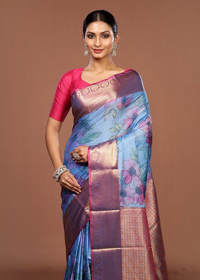 Blue Kanjivaram Silk Saree With Blouse Piece