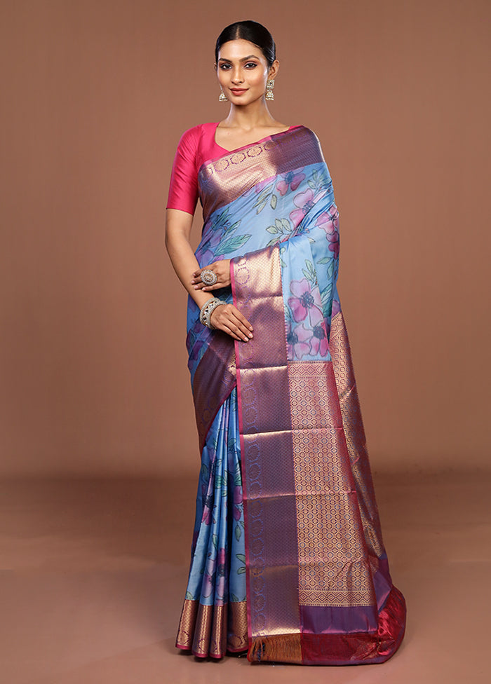 Blue Kanjivaram Silk Saree With Blouse Piece