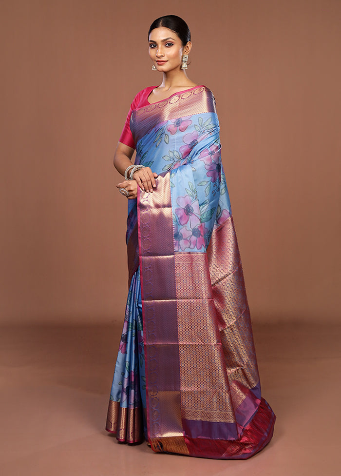 Blue Kanjivaram Silk Saree With Blouse Piece