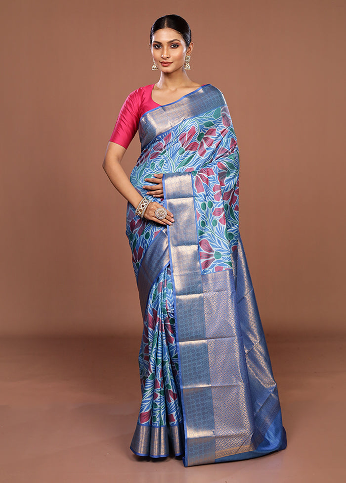 Blue Kanjivaram Silk Saree With Blouse Piece