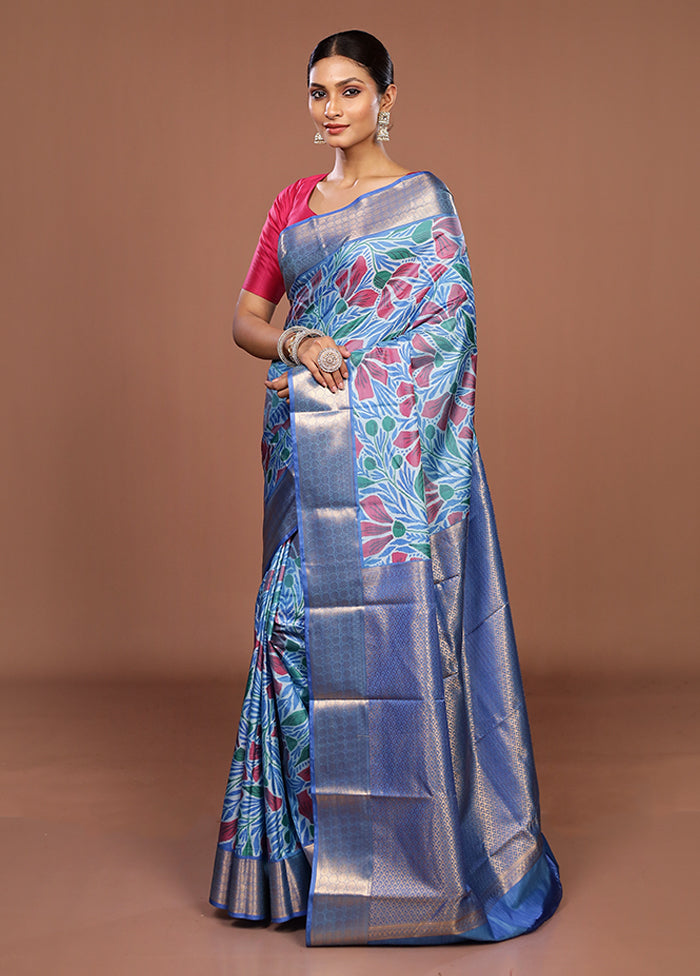 Blue Kanjivaram Silk Saree With Blouse Piece