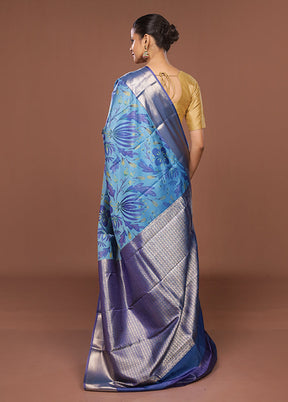 Blue Kanjivaram Silk Saree With Blouse Piece