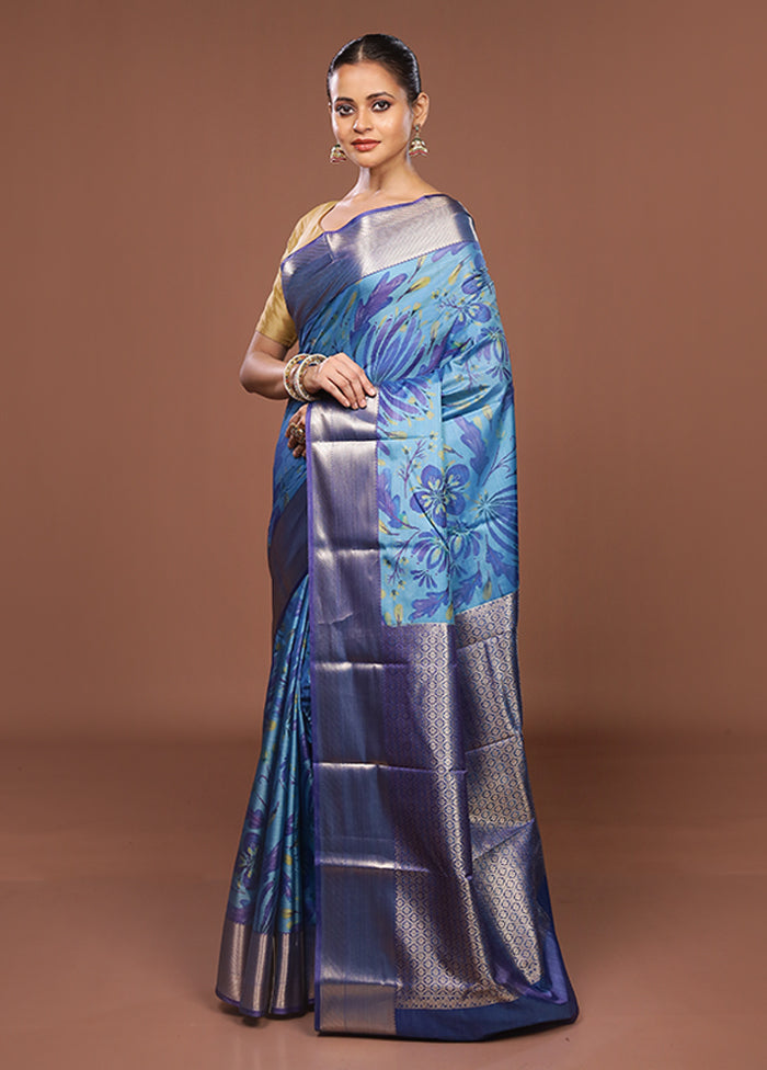 Blue Kanjivaram Silk Saree With Blouse Piece