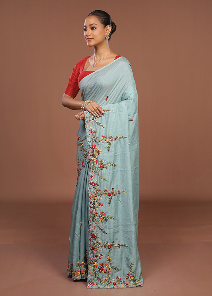 Green Tussar Silk Saree With Blouse Piece