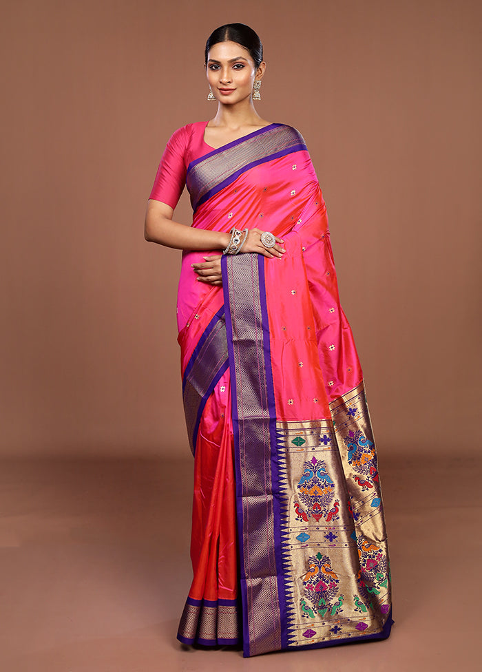 Pink Handloom Kanchipuram Pure Silk Saree With Blouse Piece