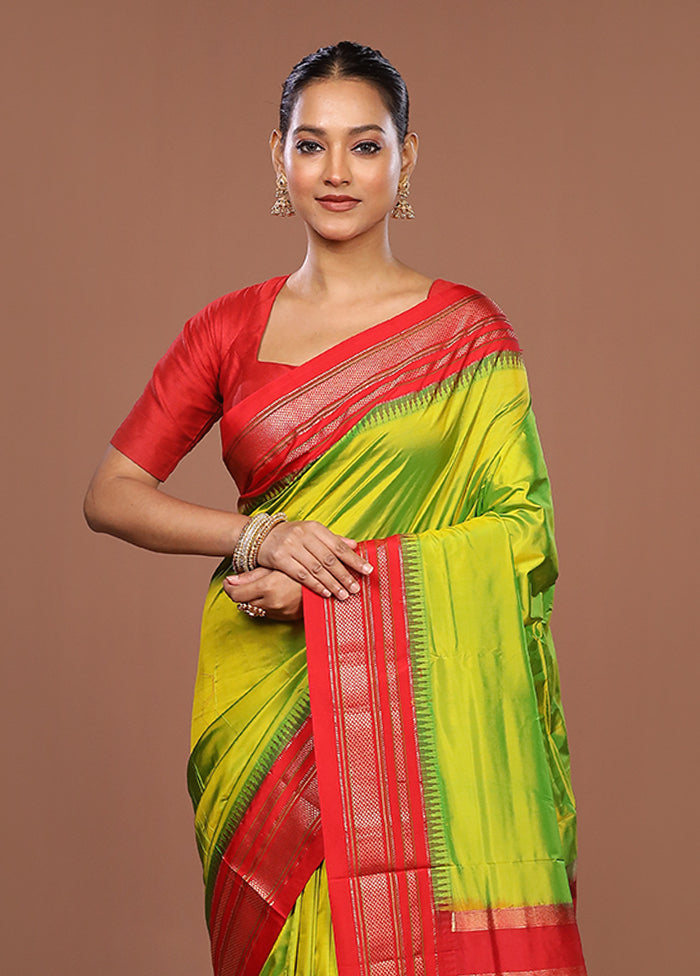 Green Handloom Kanjivaram Pure Silk Saree With Blouse Piece