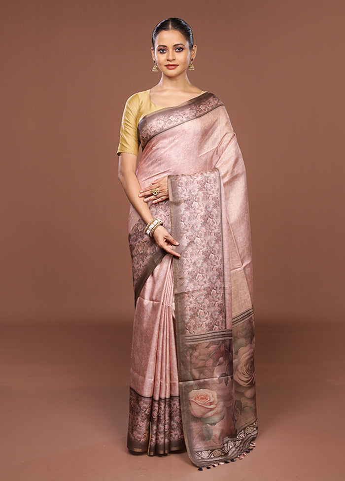 Pink Tussar Silk Saree With Blouse Piece