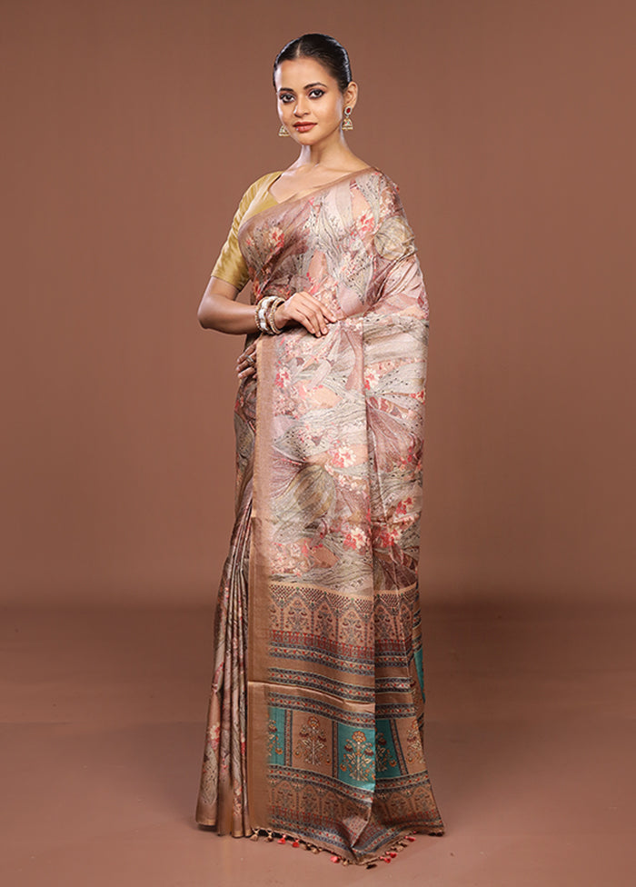 Cream Tussar Silk Saree With Blouse Piece