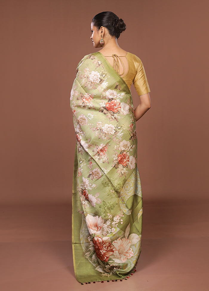 Green Tussar Silk Saree With Blouse Piece
