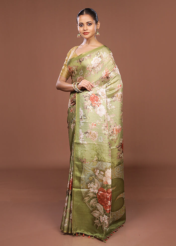 Green Tussar Silk Saree With Blouse Piece