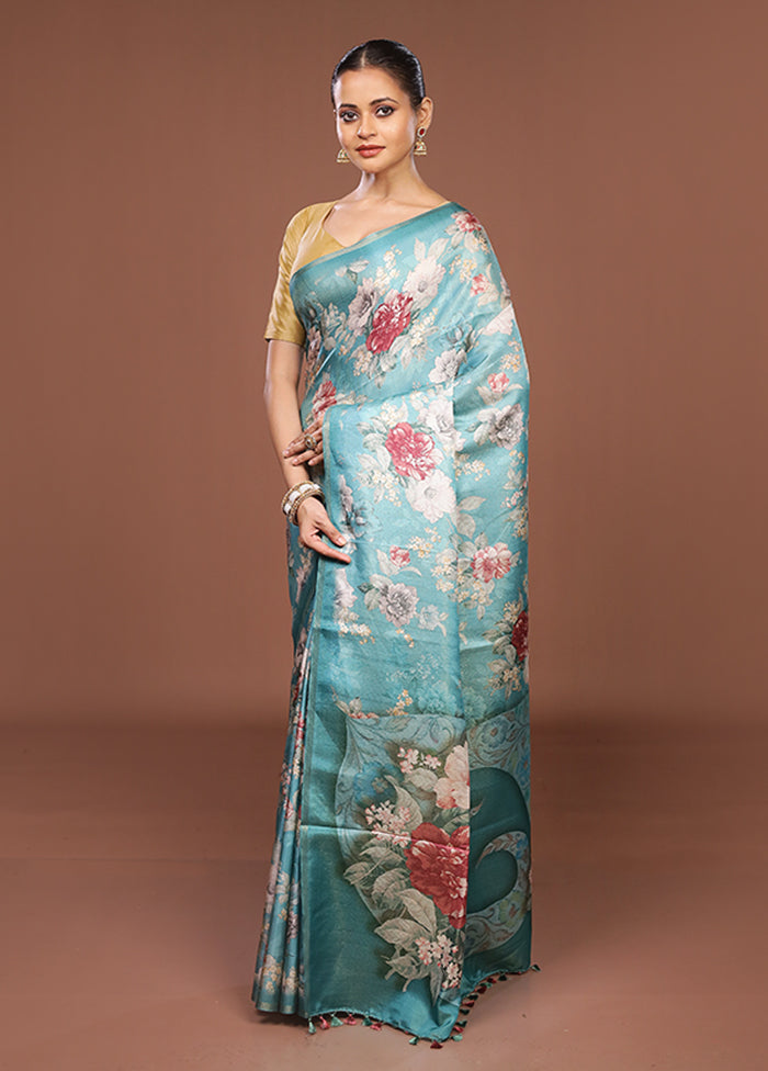 Blue Tussar Silk Saree With Blouse Piece