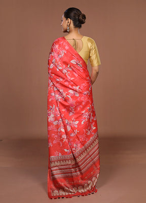 Red Tussar Silk Saree With Blouse Piece