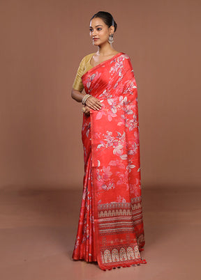 Red Tussar Silk Saree With Blouse Piece