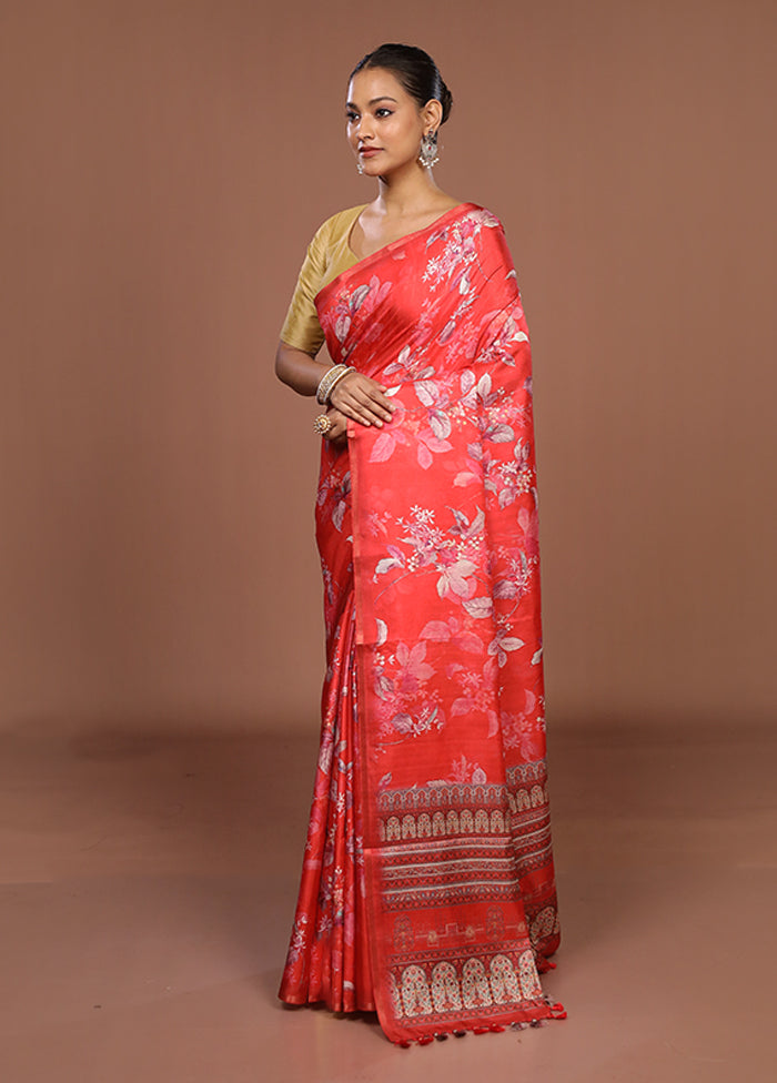 Red Tussar Silk Saree With Blouse Piece