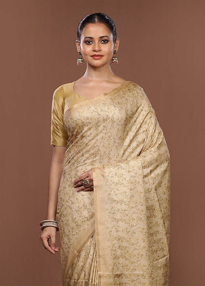 Cream Tussar Silk Saree With Blouse Piece