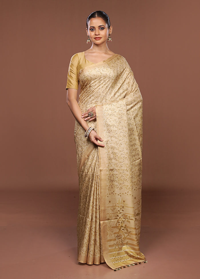 Cream Tussar Silk Saree With Blouse Piece