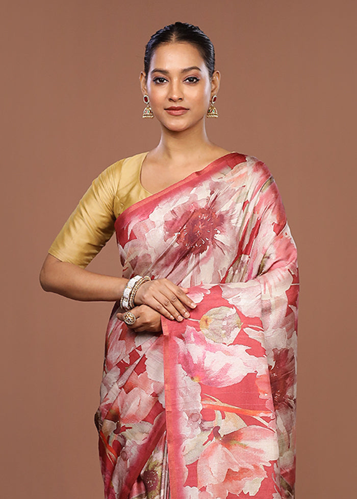 Red Tussar Silk Saree With Blouse Piece