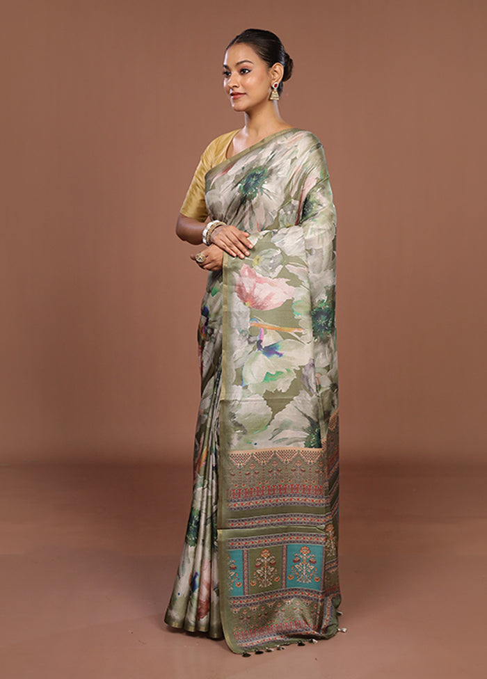 Green Tussar Silk Saree With Blouse Piece