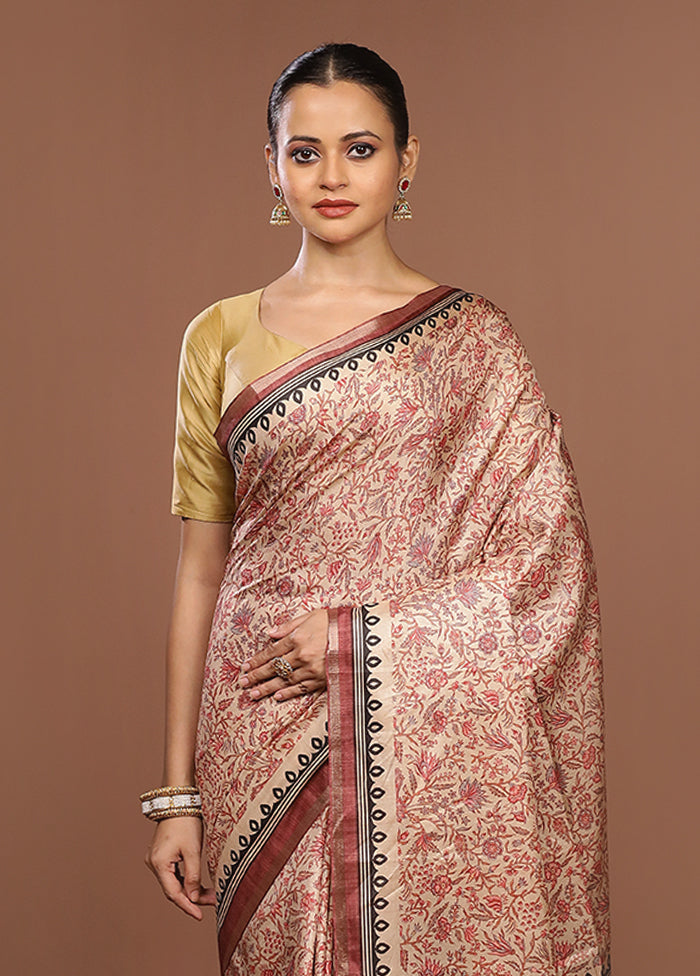 Cream Tussar Silk Saree With Blouse Piece