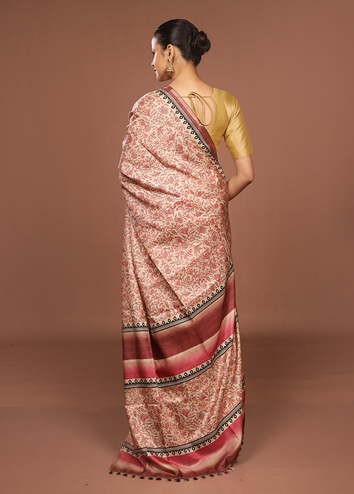 Cream Tussar Silk Saree With Blouse Piece