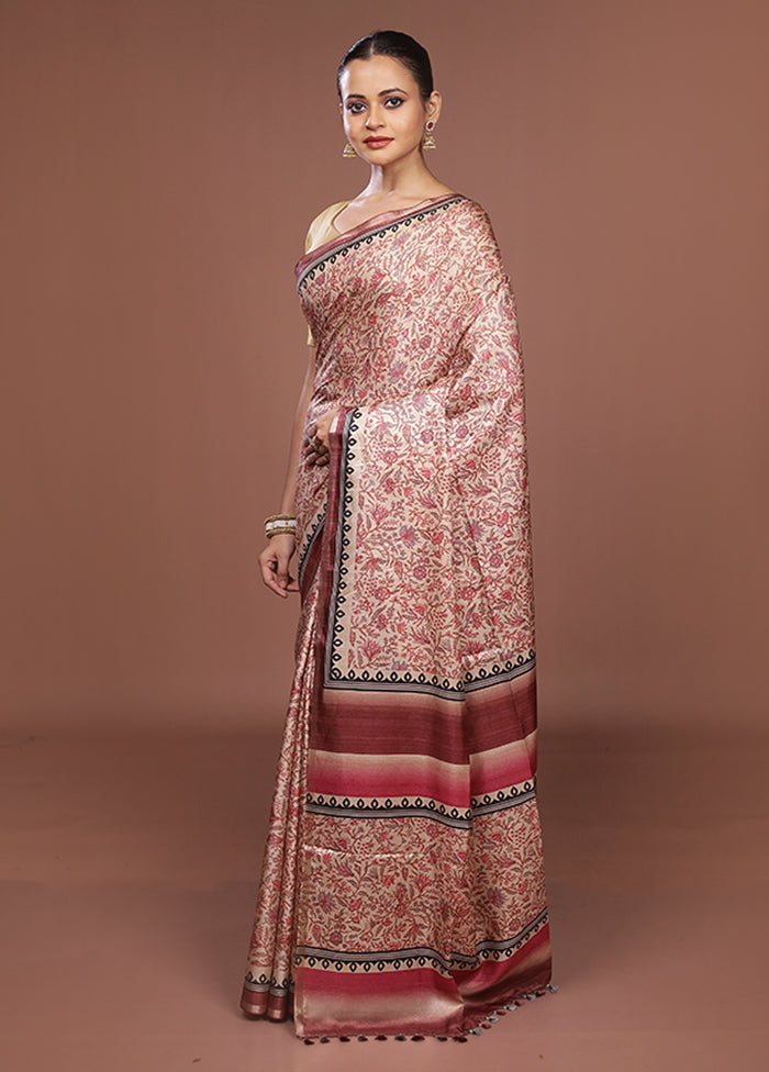 Cream Tussar Silk Saree With Blouse Piece