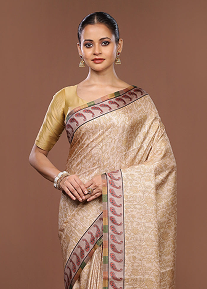 Cream Tussar Silk Saree With Blouse Piece