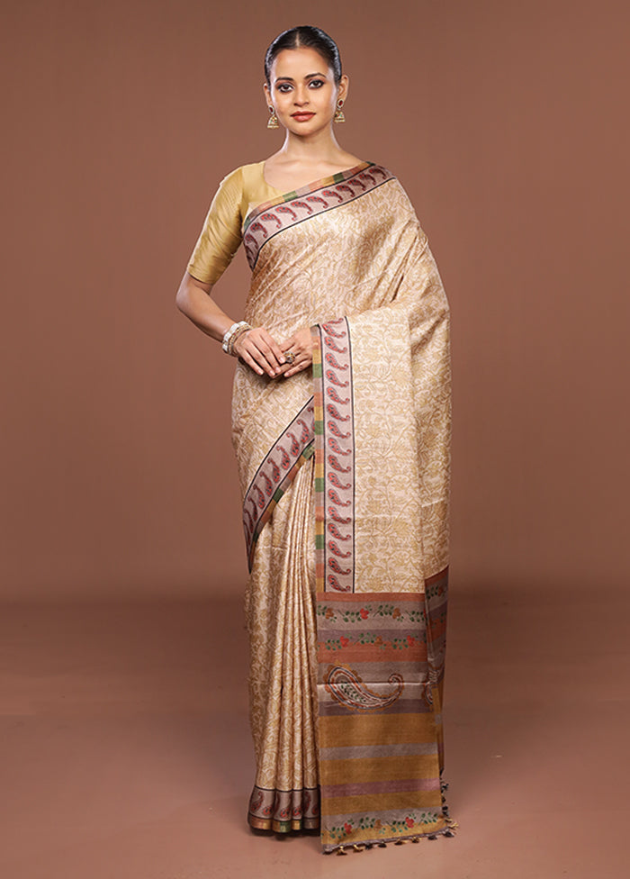 Cream Tussar Silk Saree With Blouse Piece