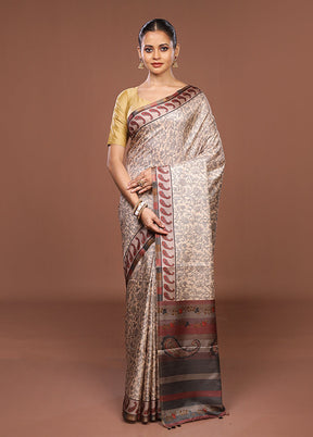 Cream Tussar Silk Saree With Blouse Piece