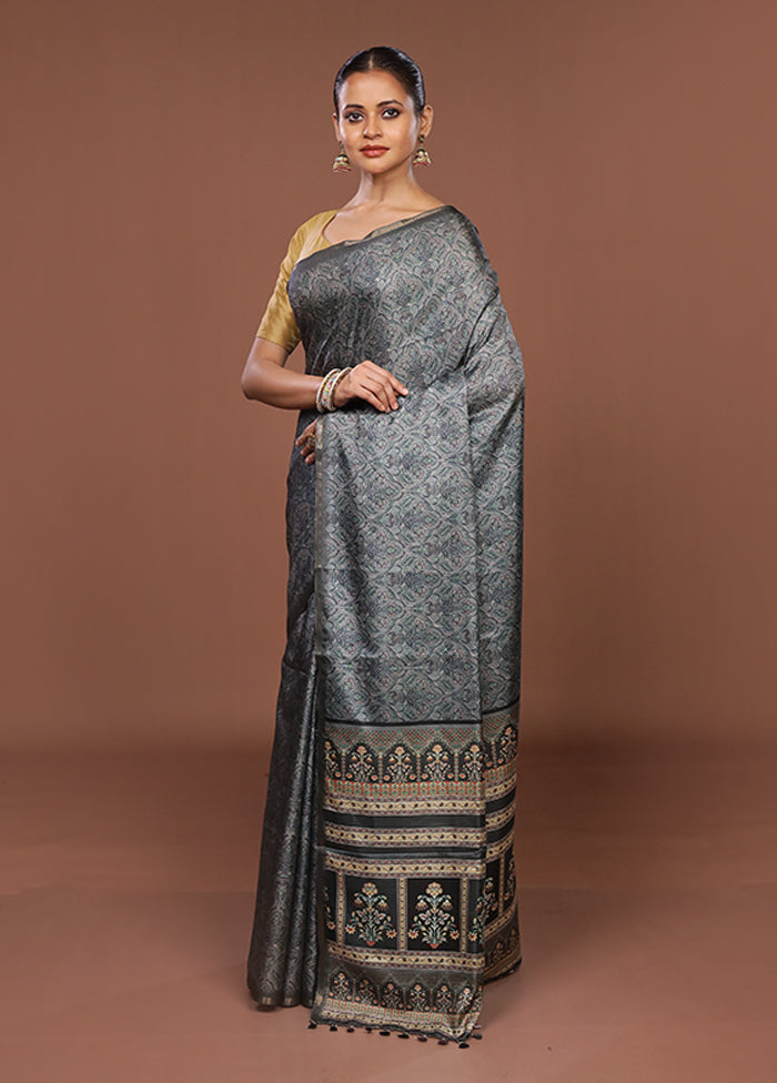 Grey Tussar Silk Saree With Blouse Piece