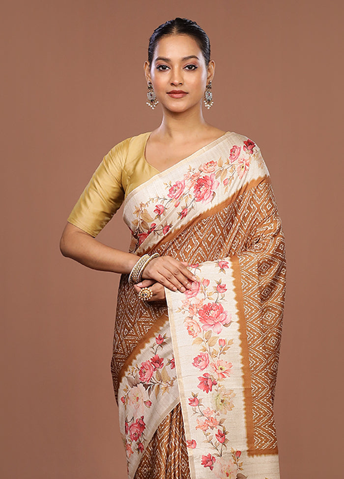 Cream Tussar Silk Saree With Blouse Piece