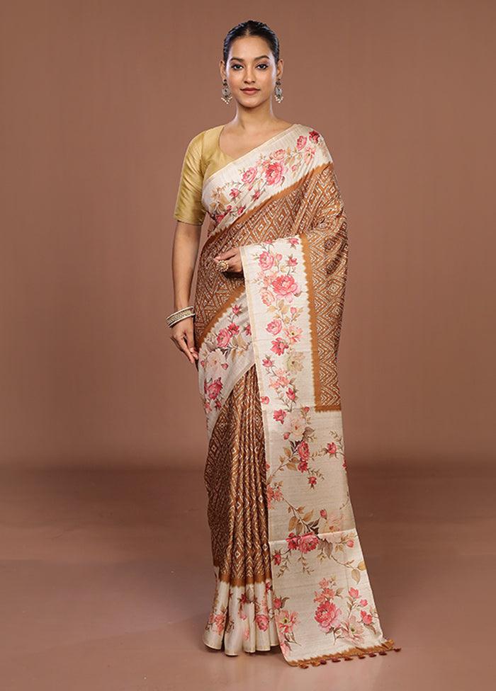 Cream Tussar Silk Saree With Blouse Piece
