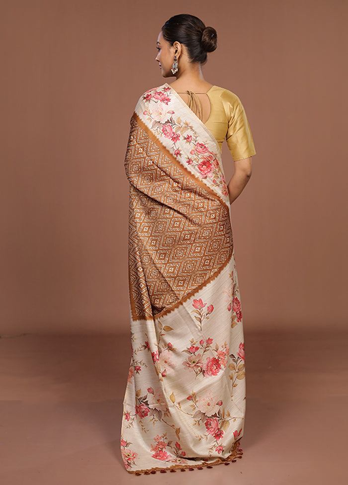 Cream Tussar Silk Saree With Blouse Piece