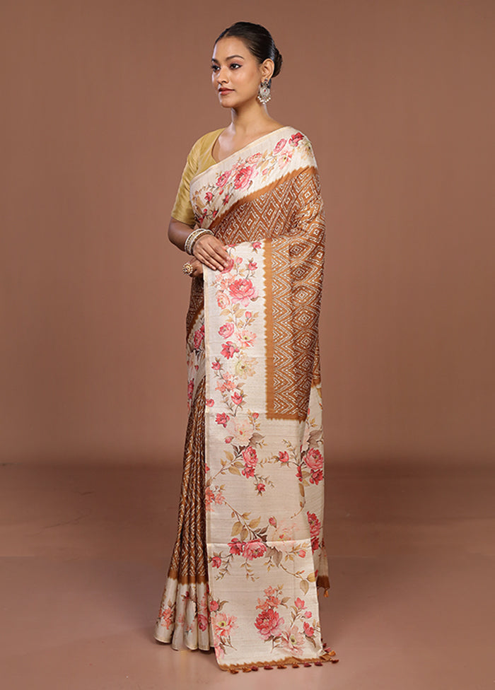 Cream Tussar Silk Saree With Blouse Piece