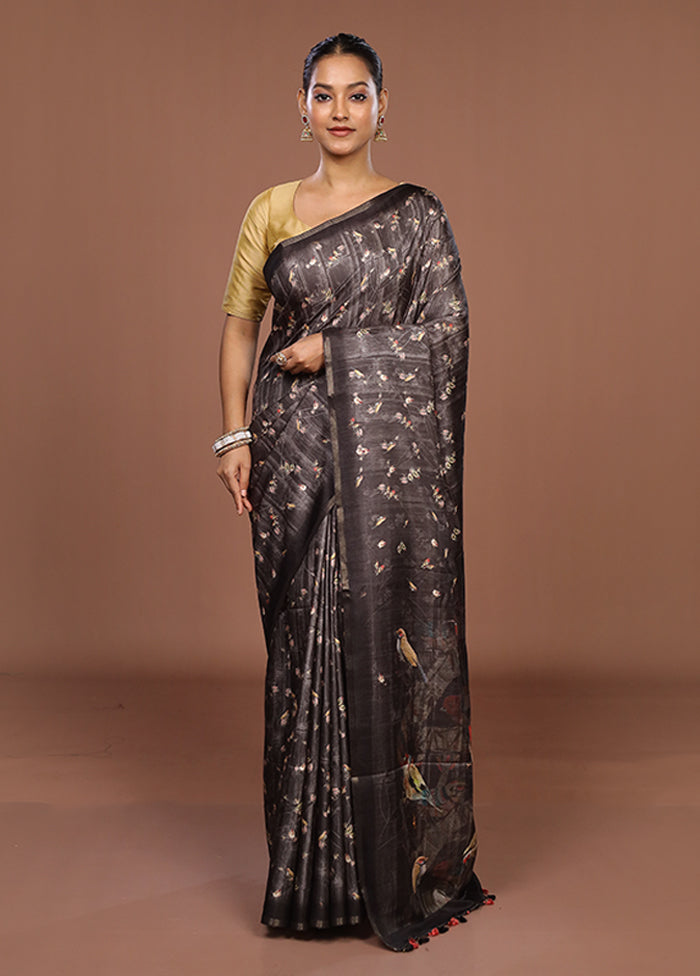 Black Tussar Silk Saree With Blouse Piece