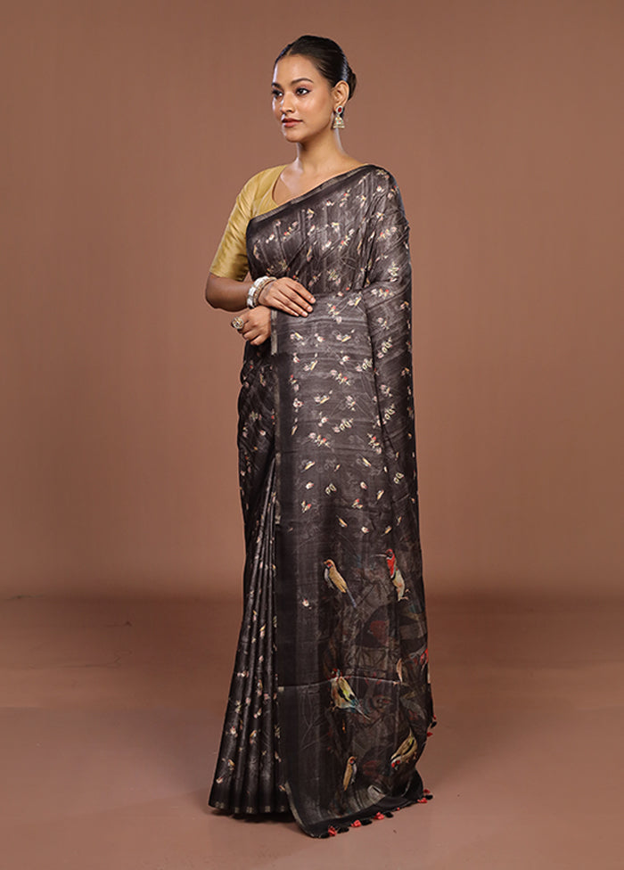 Black Tussar Silk Saree With Blouse Piece