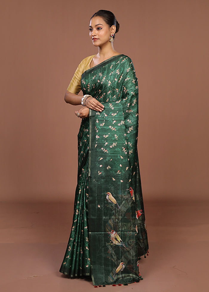 Green Tussar Silk Saree With Blouse Piece