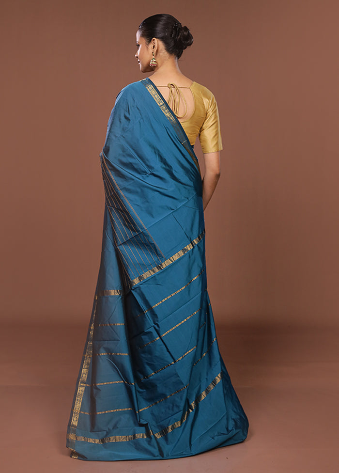 Blue Kanjivaram Silk Saree With Blouse Piece
